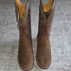 Men's Brown Work  Boots with Decorative Stitching